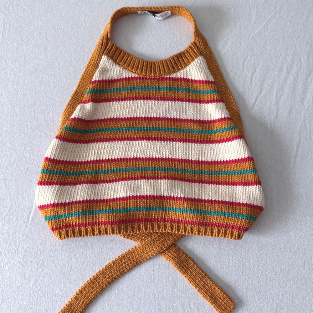 Zara Halter Top Women Medium Striped Knit Cropped Wrap Tie Boho Summer